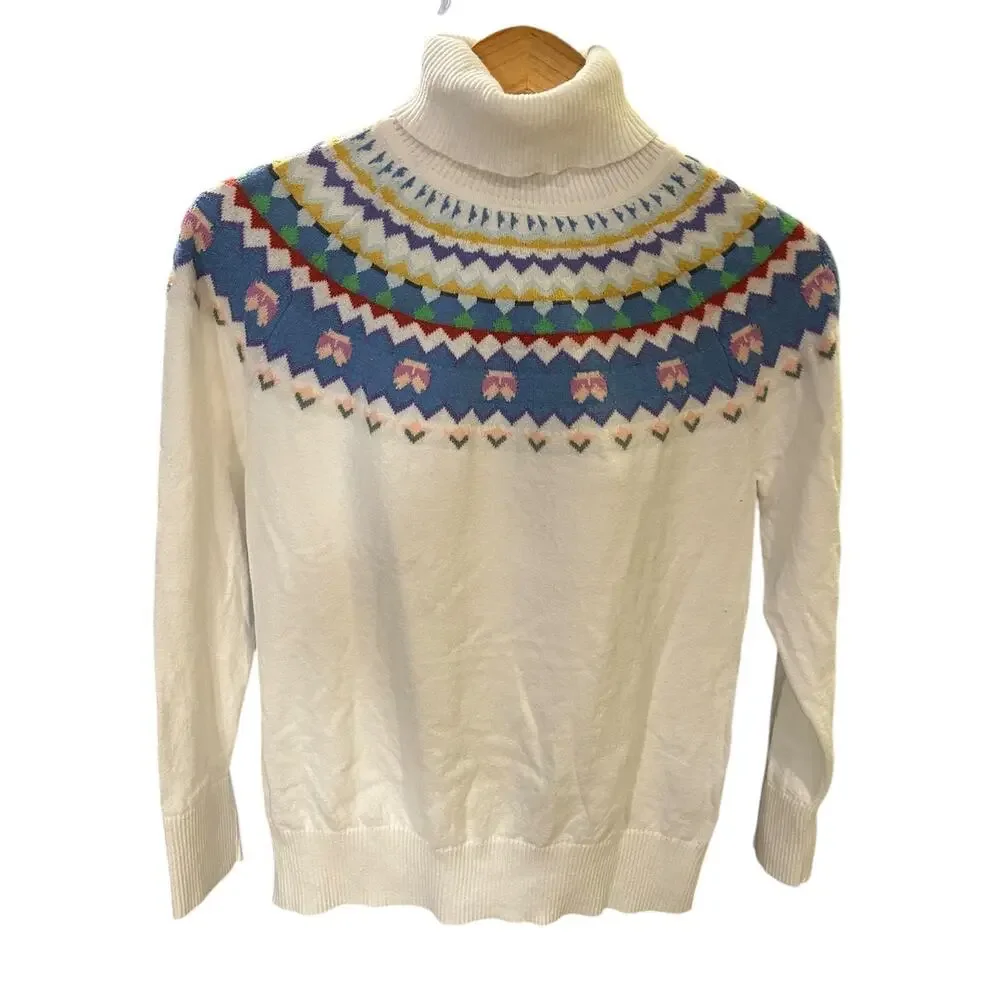 LL BEAN Women's Fairisle Turtleneck Sweater MEDIUM White Grandma core Cottage